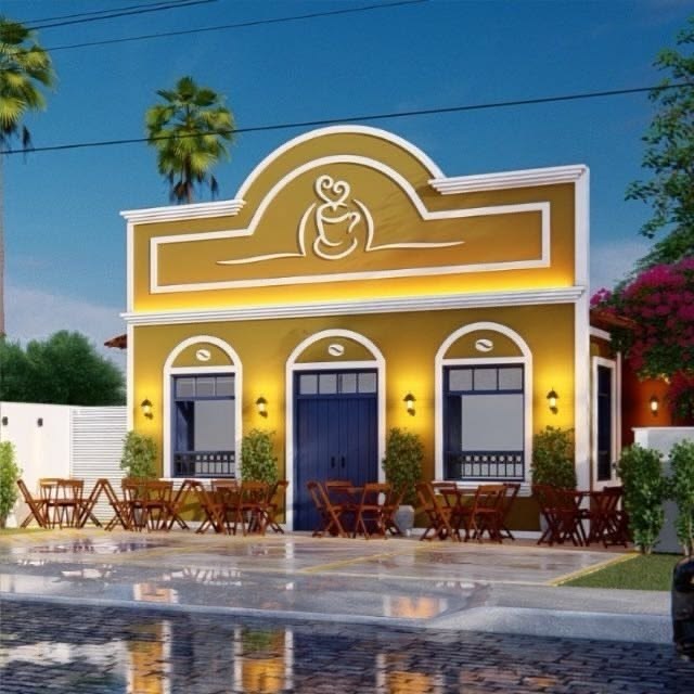Fachada da Aroma Café — sobrado amarelo com arcos e portas azuis